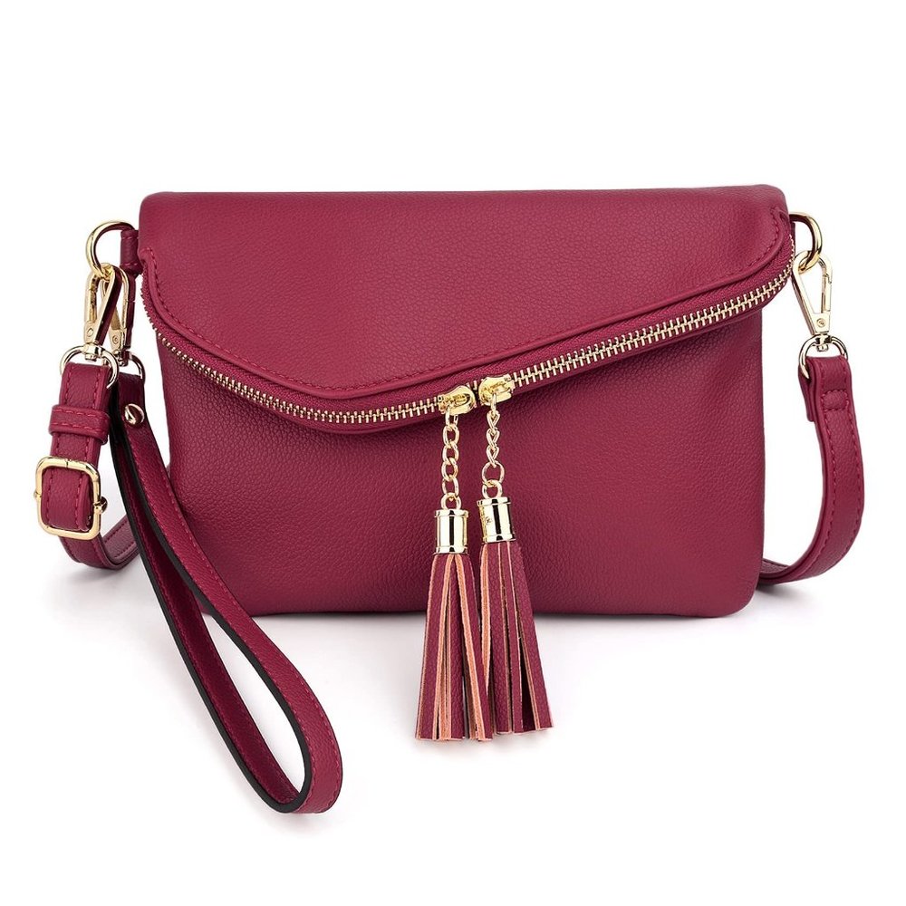 Purse Double Tassel Zippers Lightweight Flapover Handbag with Wristlet Strap CA